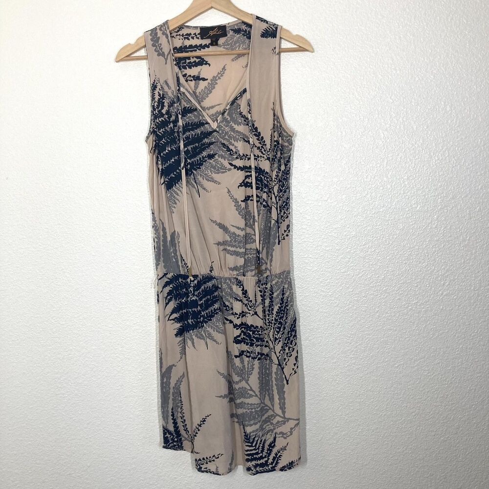 Akiko Dress Womens Small Silk Fern Print Sleeveless V Neck Beige Made in USA